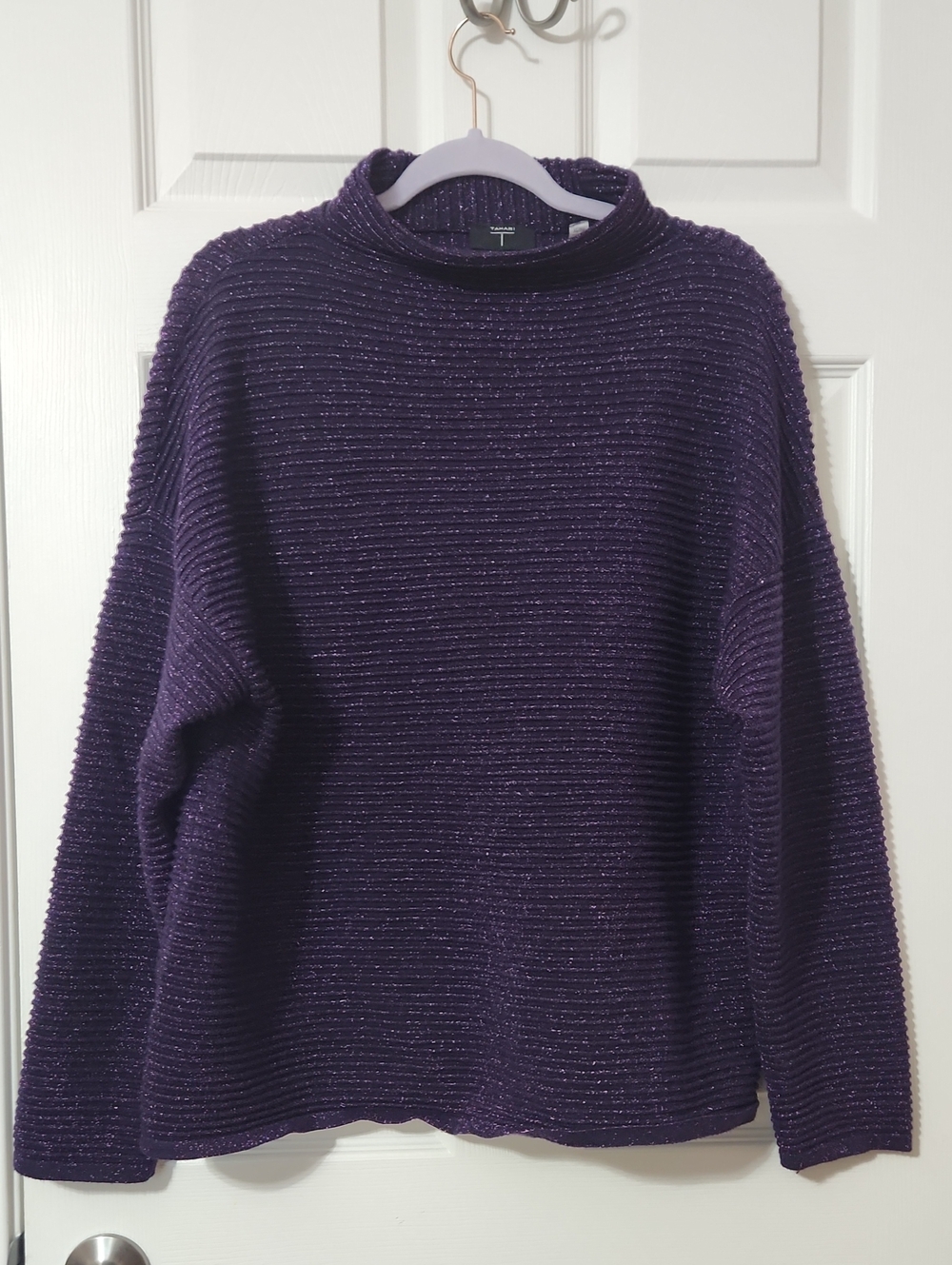 Cozy Fall Holiday Going Out Tahari Purple Metallic Ribbed Turtleneck Sweater